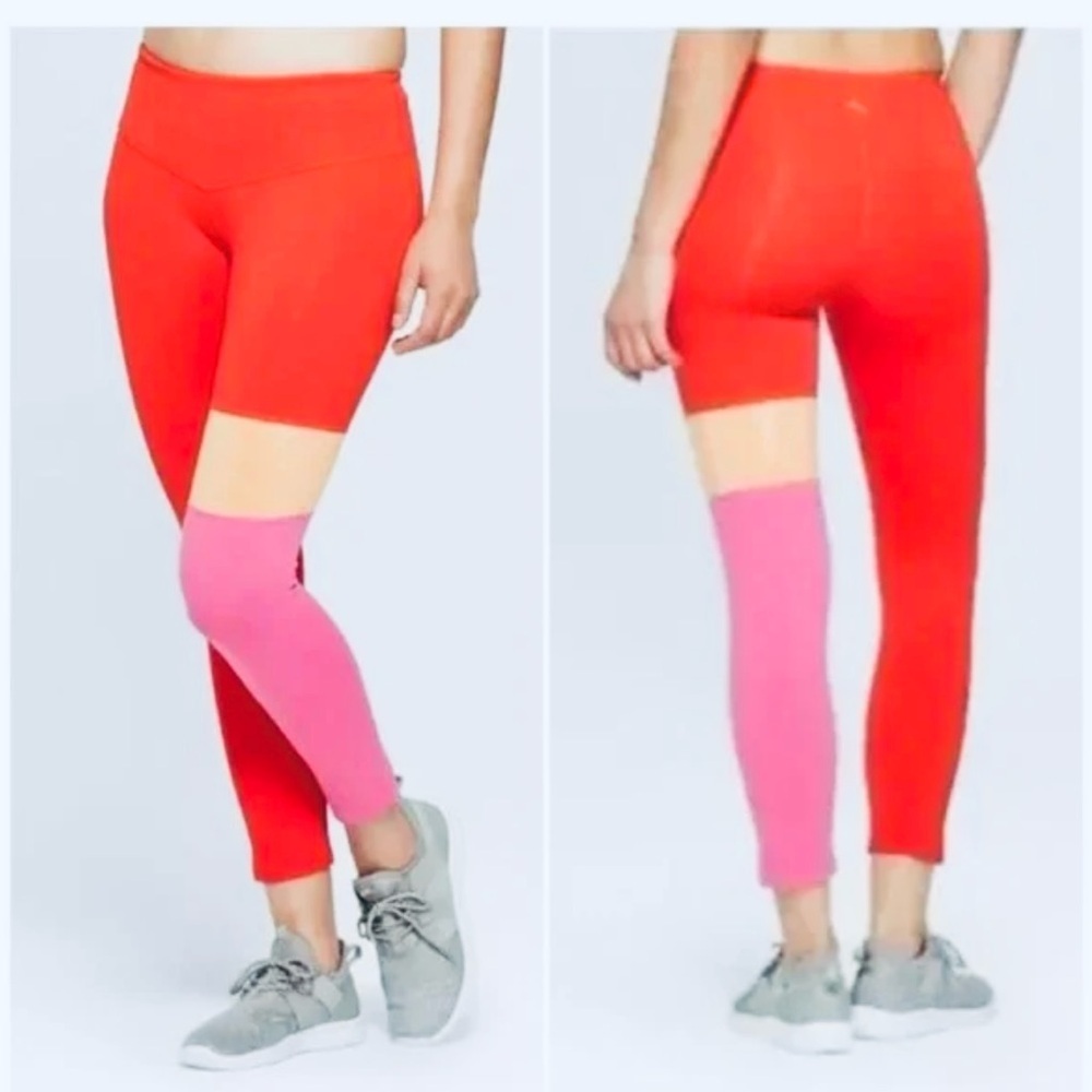 JoyLab Colorblock Leggings Size Large Red Orange Pink Flat Waistband Stretch